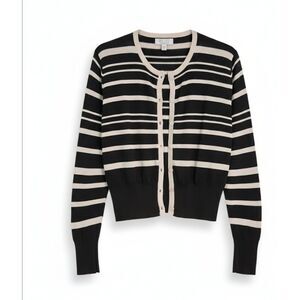 Petite Sophisticate Silk-Blend BLACK AND GLITTE SILVER Striped Cardigan MEDIUM